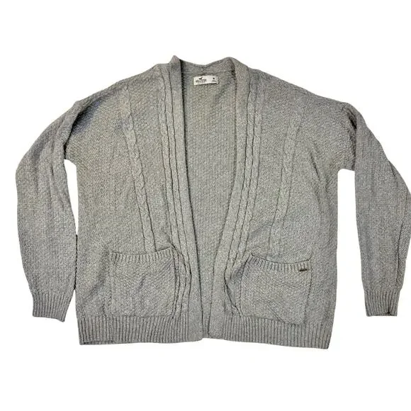 Hollister Gray Cable Knit Cardigan Women’s Medium Chunky Cotton Cozy Coastal - Picture 1 of 15